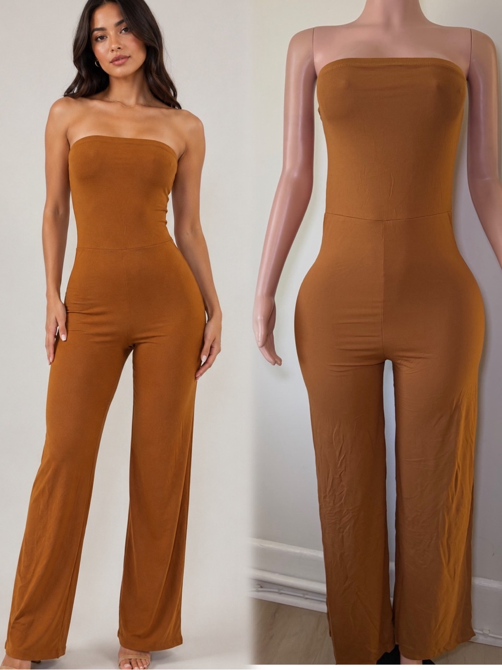 Strapless Wide-Leg Jumpsuit in Caramel